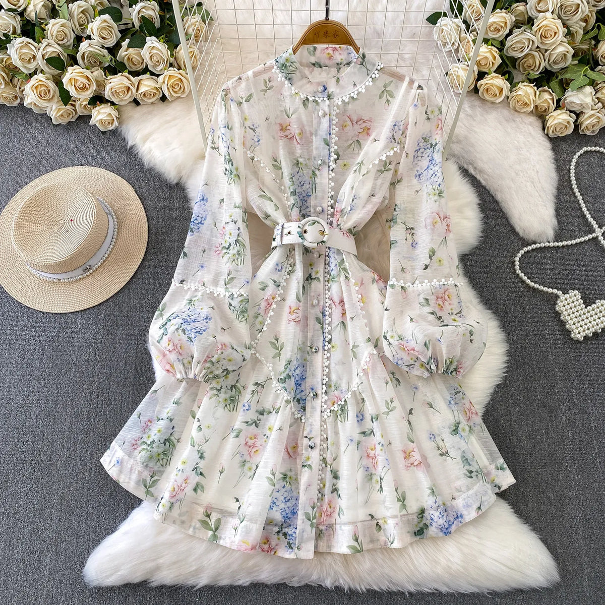 Print Button Long Sleeve Mini Dress