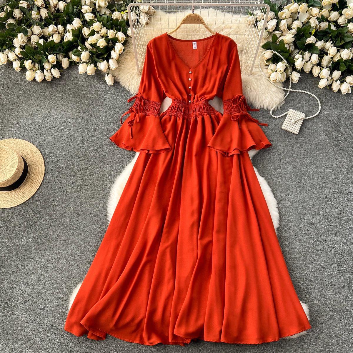 Belted Print Flare Sleeve A-Line Dress
