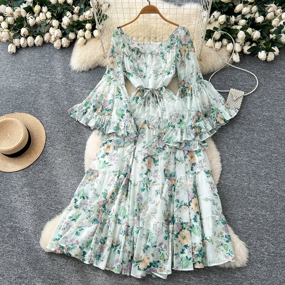 Pleated Print Flare Sleeve Long Dress