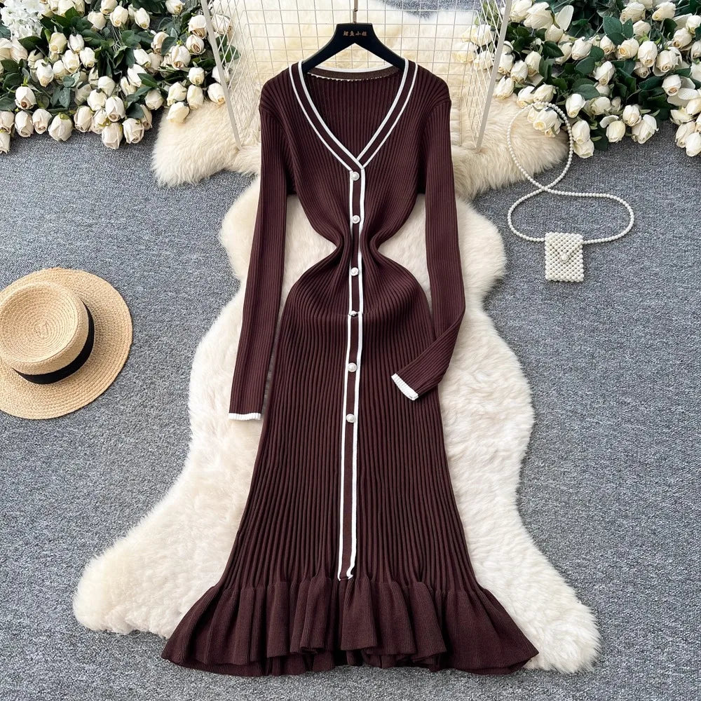 Ruffled Button Front Knit Maxi Dress