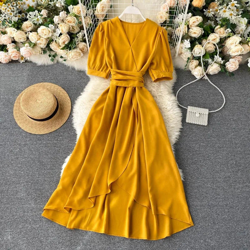 Vintage Solid Tie-Waist A-Line Maxi Dress