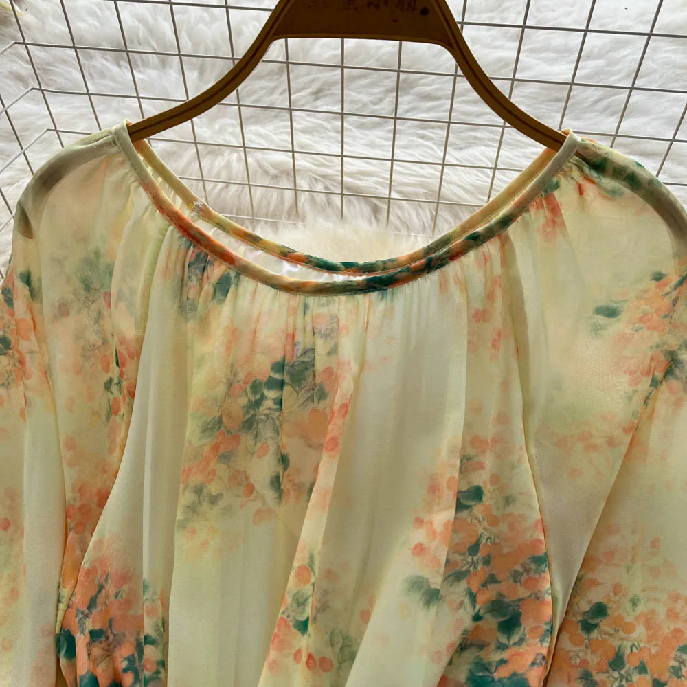 Beaded Print Puff Sleeve Maxi Dress