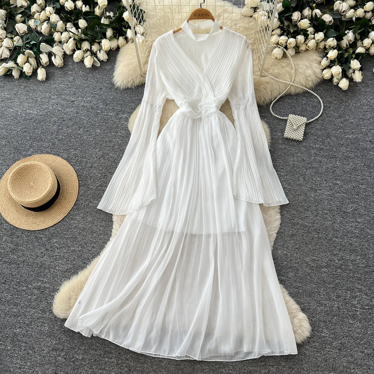Pleated Flare Sleeve Swing Dress