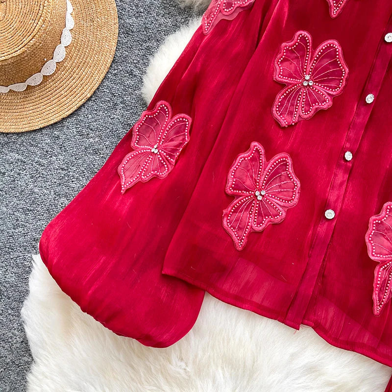 3D Floral Long Sleeve Blouse
