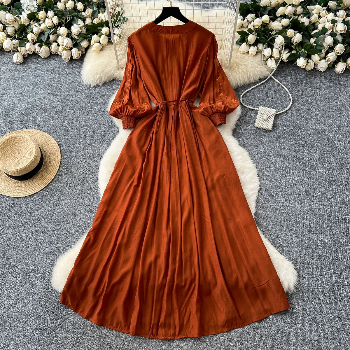 Embroidered Button A-Line Summer Dress