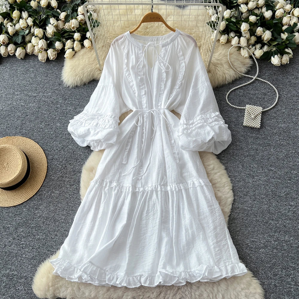 Lettuce Trim Ruched Long Sleeve Dress