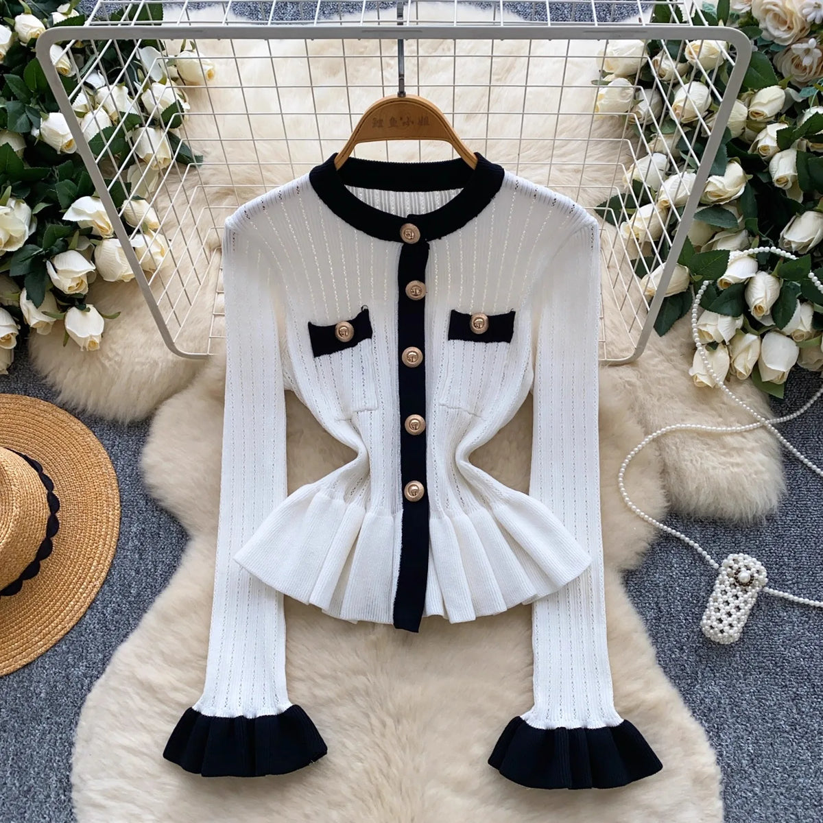 Ruffled Metal Button Knit Sweater