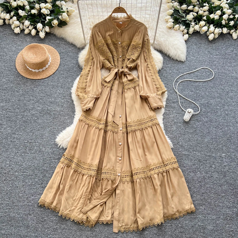 Crochet Cutout Button Long Dress