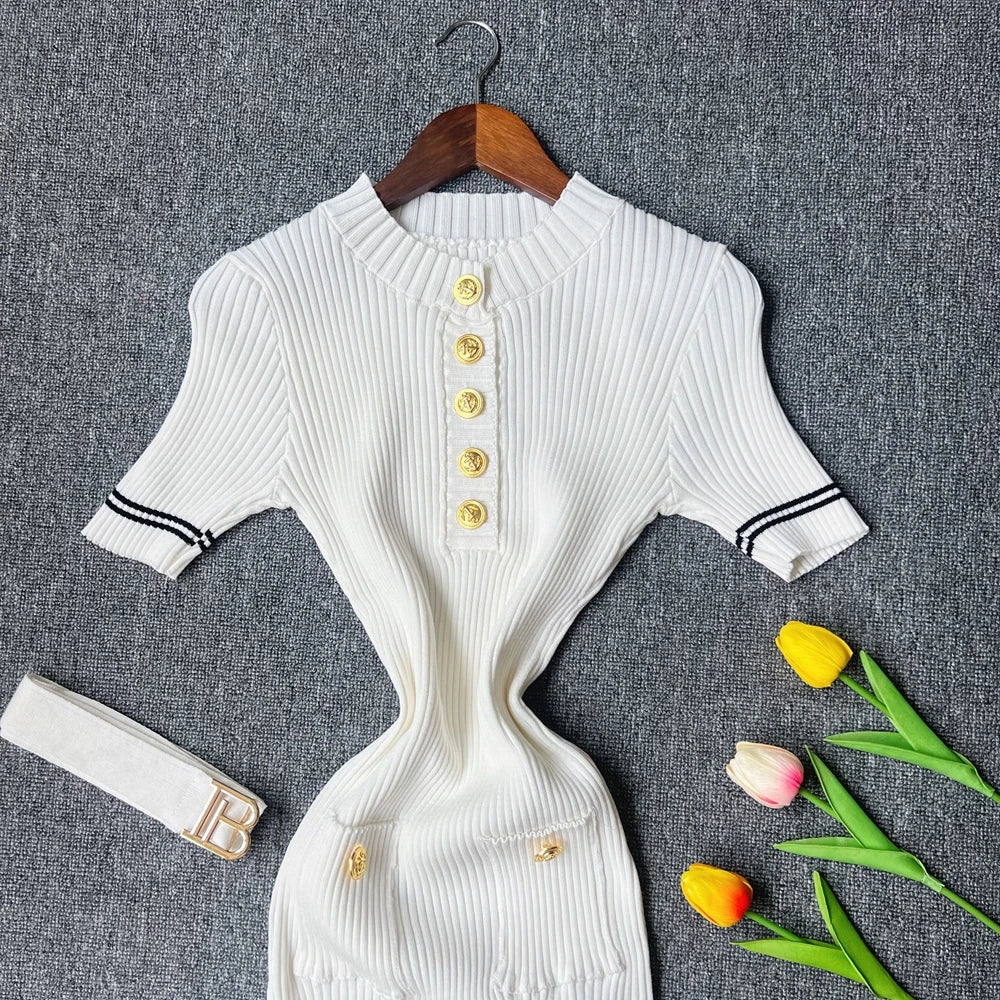 Belted Button Knit Bodycon Sweater Dress