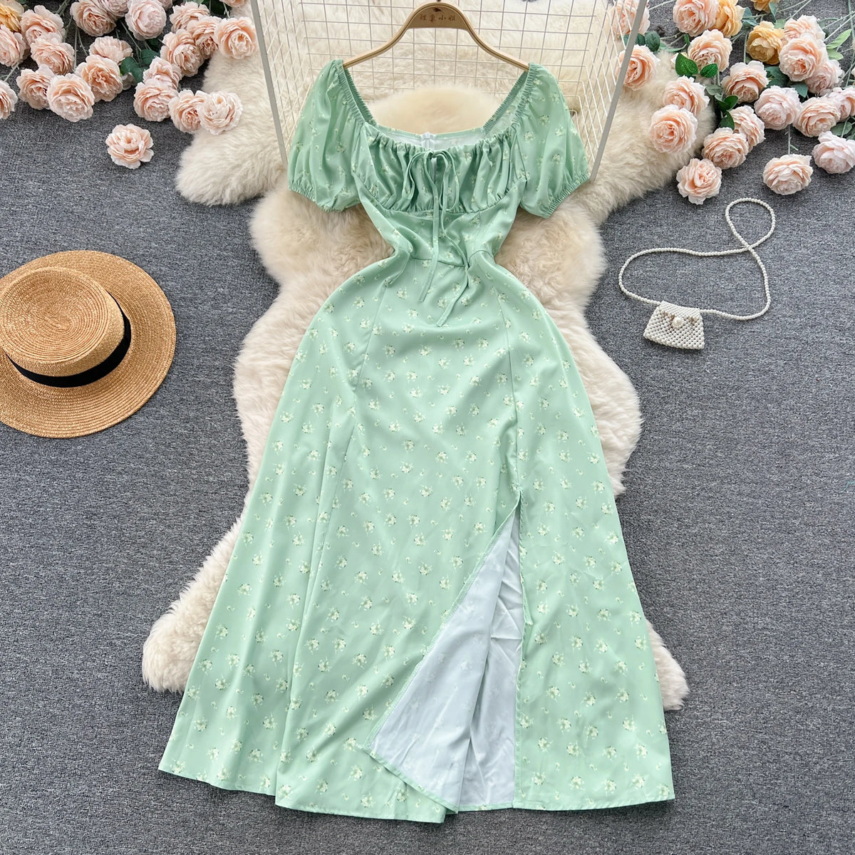 Print Square Neck Puff Sleeve Split Dress