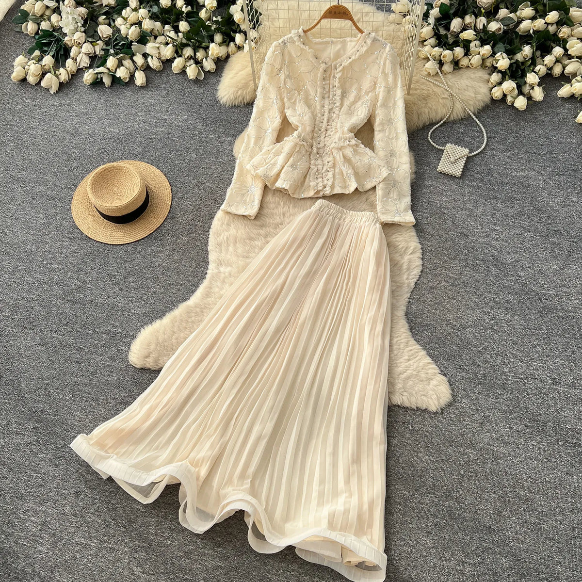 Beaded Lace Blouse and A-Line Skirt Set