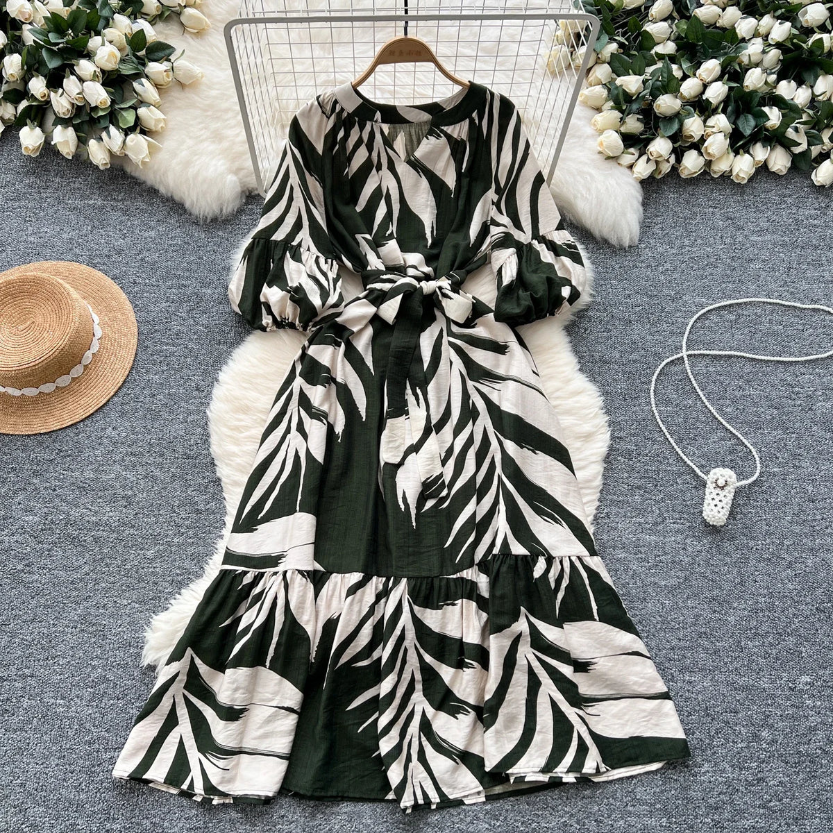 Print V-Neck Lantern Sleeve A-Line Maxi Dress