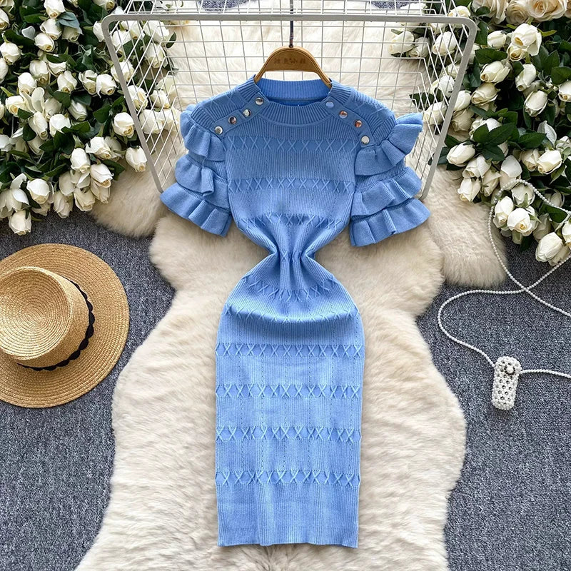 Metal Button Ruffle Knit Dress