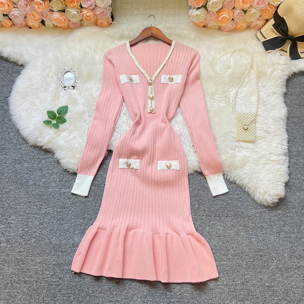 Ribbed Button V-Neck Knit Mermaid Dress