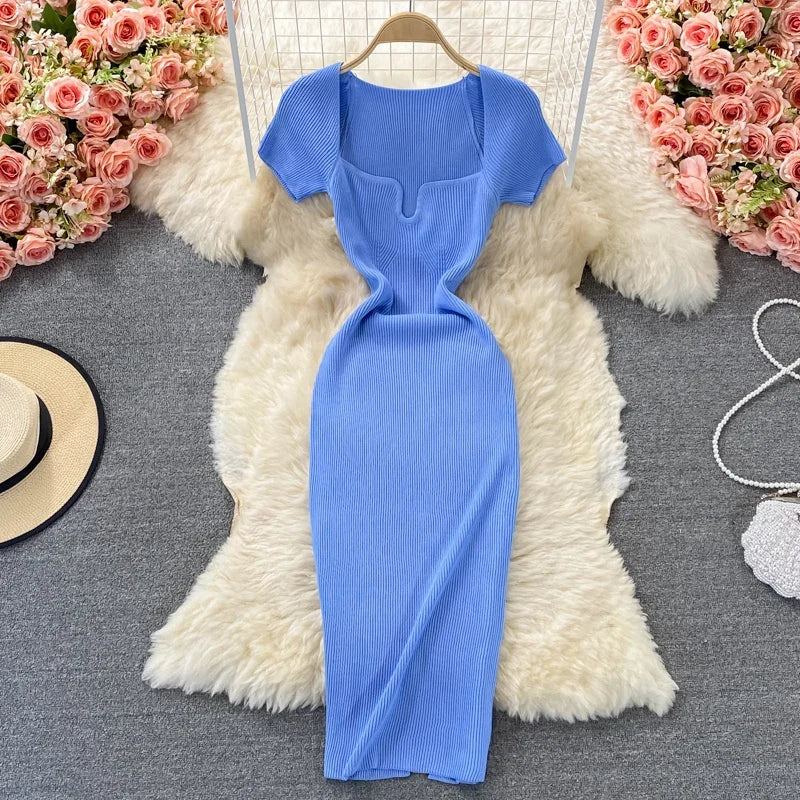 Solid Knit Bodycon Midi Wrap Dress