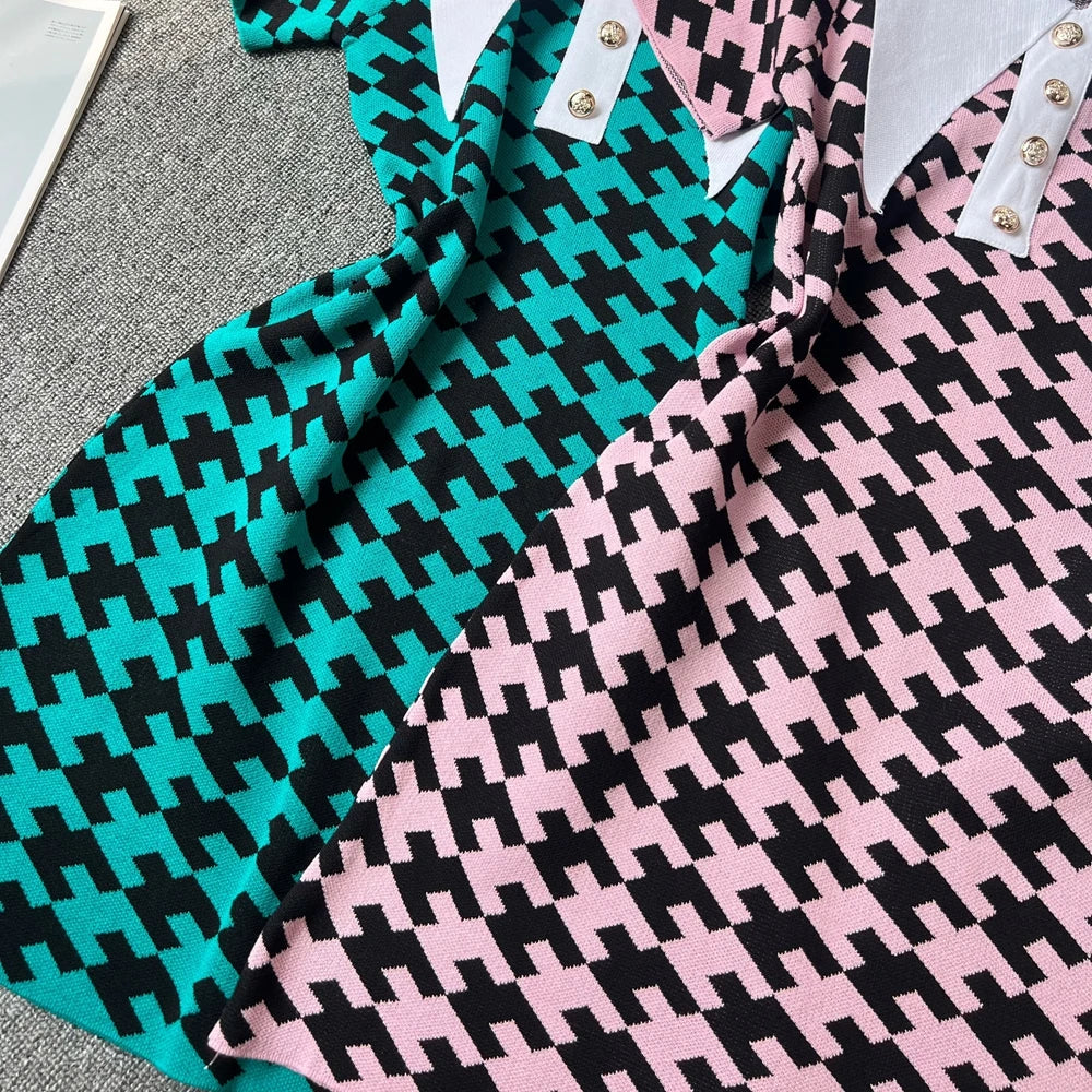 Houndstooth Collared Knit Mini Dress