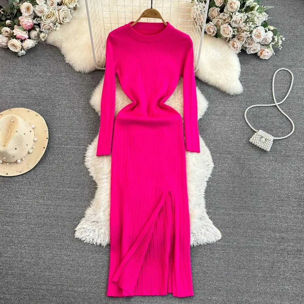 Ribbed High Slit Knit Maxi Dress