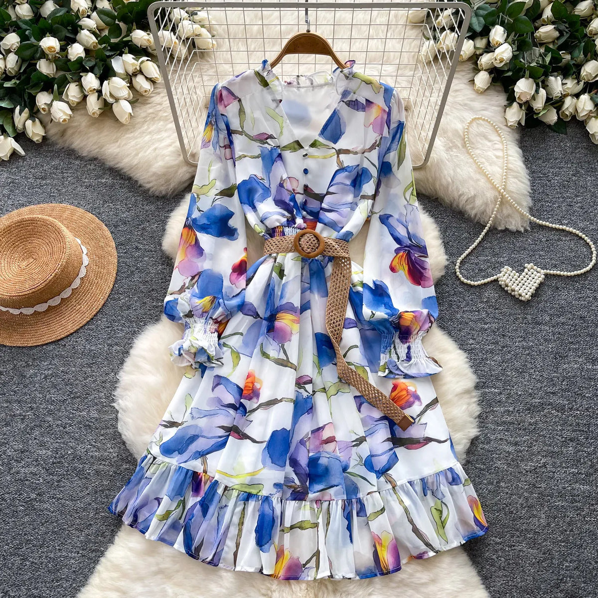 Print Chiffon Lantern Sleeve Midi Dress