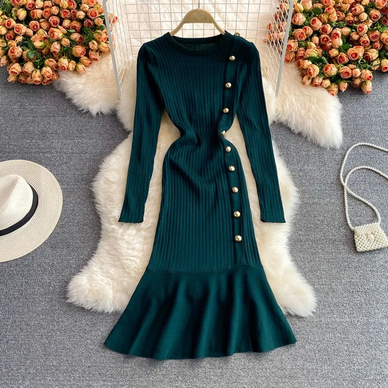 Long Sleeve Button Rib Knit Mermaid Dress
