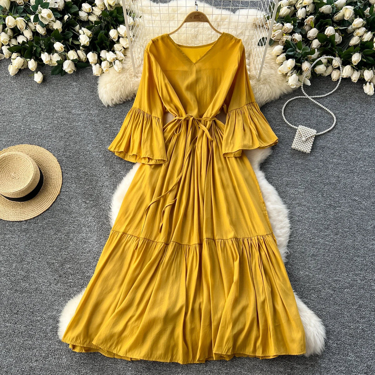 Print Ruffle Flare Sleeve Maxi Dress