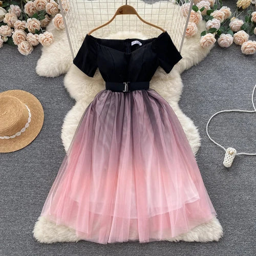 Belted Boat Neck Short Sleeve A-Line Dress