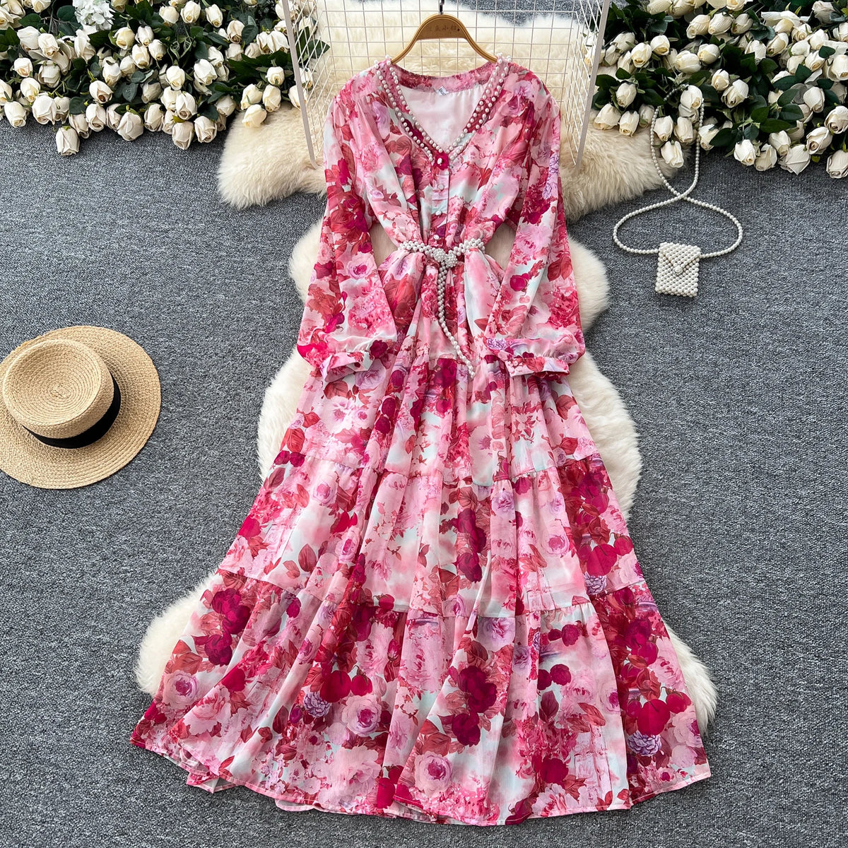 Rhinestone Chain Print Lantern Sleeve Long Dress