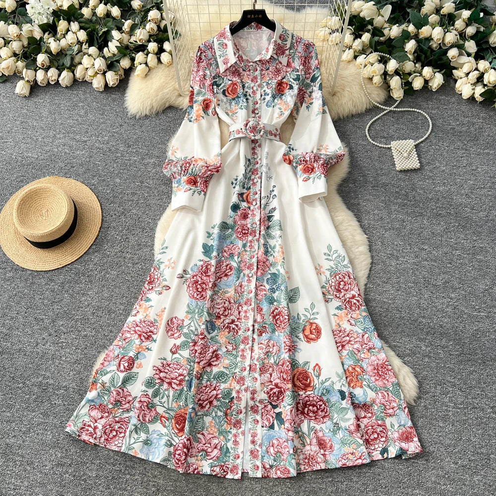 Single Breasted Print Long Sleeve Party Dress