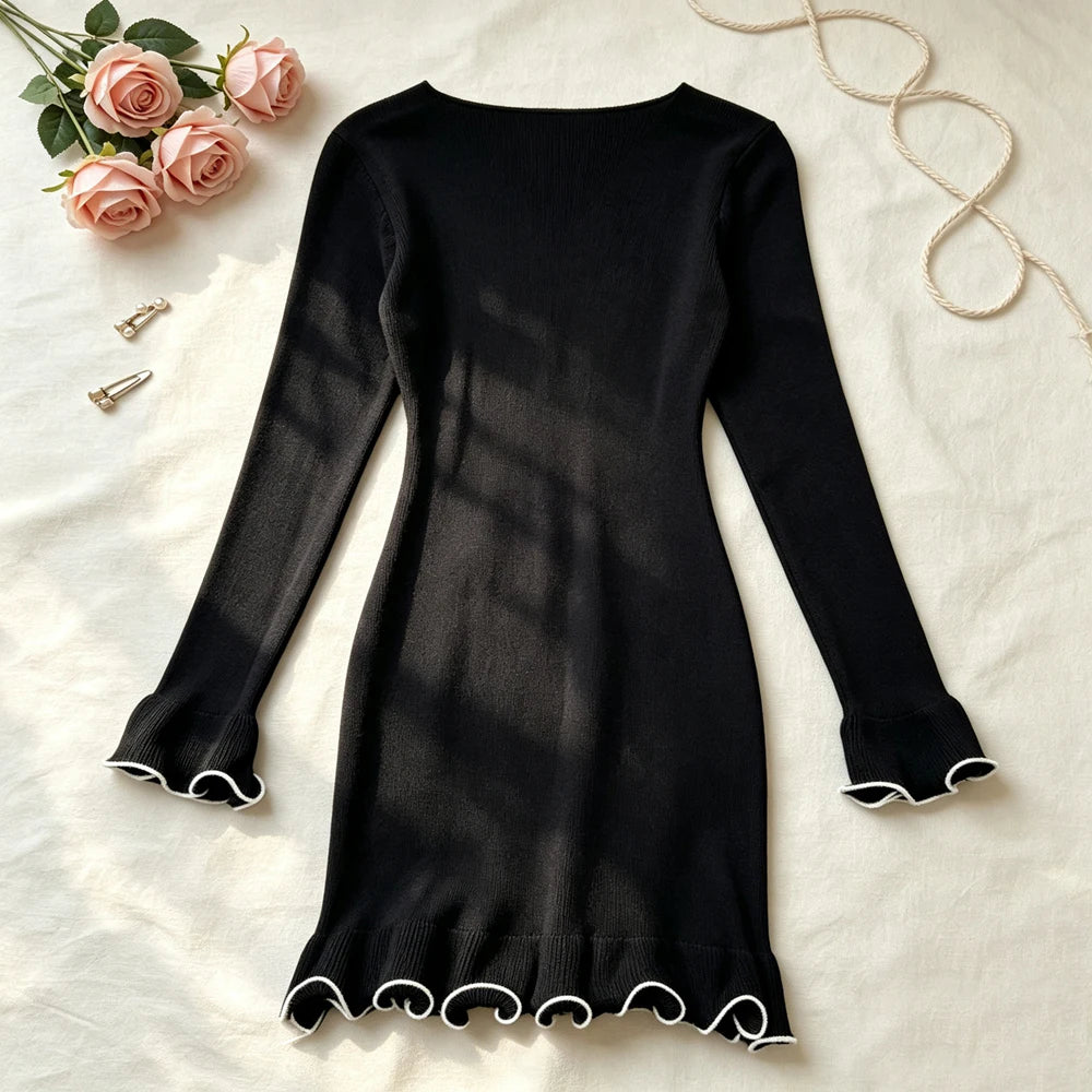 Black Ruffled Knit Bodycon Mini Dress