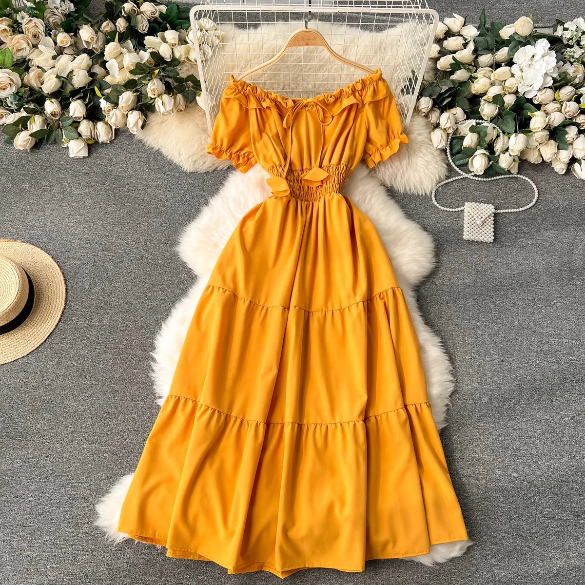 Solid Elastic Waist Maxi Sundress