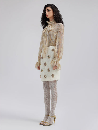 Romantik Fırfırlı Metalik Dantel Gömlek