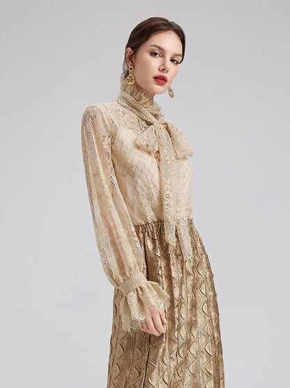 Romantik Fırfırlı Metalik Dantel Gömlek